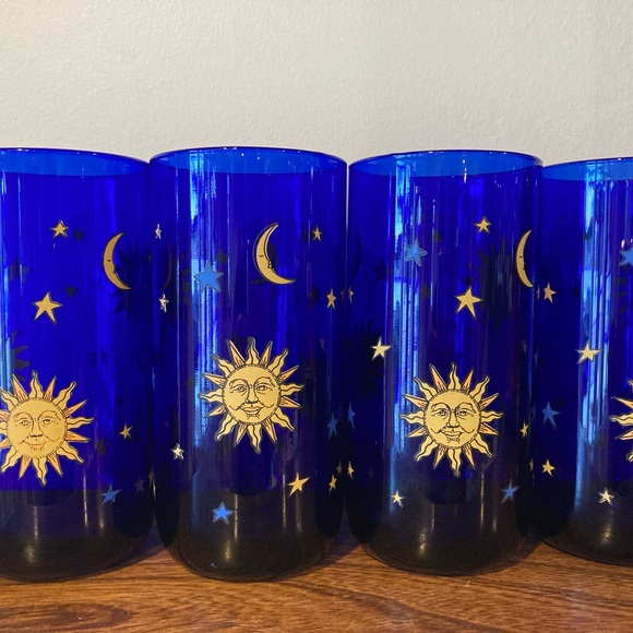 RARE Vintage Libbey Cobalt Blue Celestial Tumblers Sun Moon Stars Glass set of 4 - Picture 8 of 12